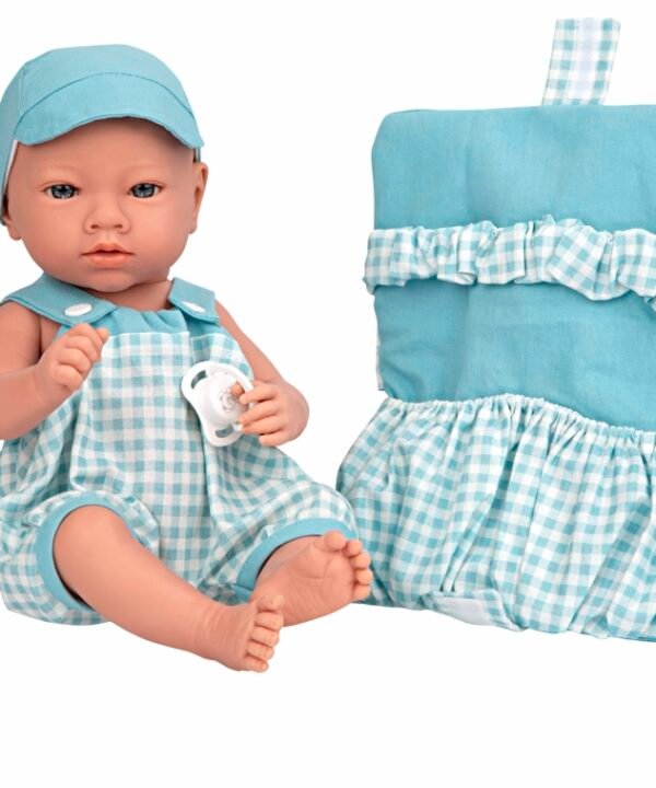 Arias lėlė su languotais, žydrais rūbeliais, berniukas, 38 cm