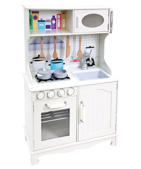 Balta medinė virtuvėlė su priedais
