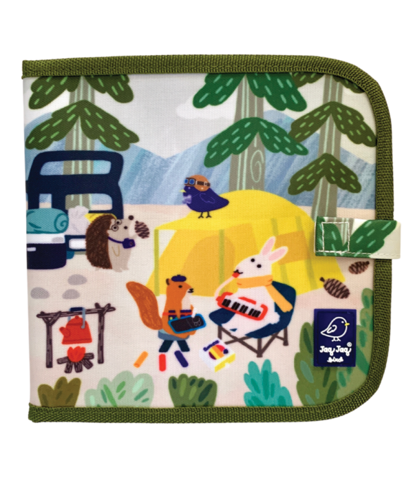 Jaq Jaq Bird piešimo knyga su netepančiomis kreidelėmis, Stovyklauti