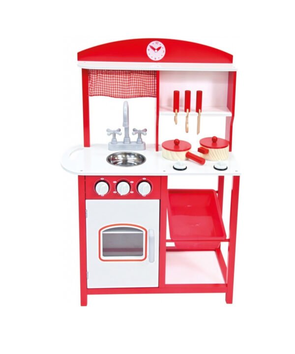 Raudona medinė virtuvėlė su priedais
